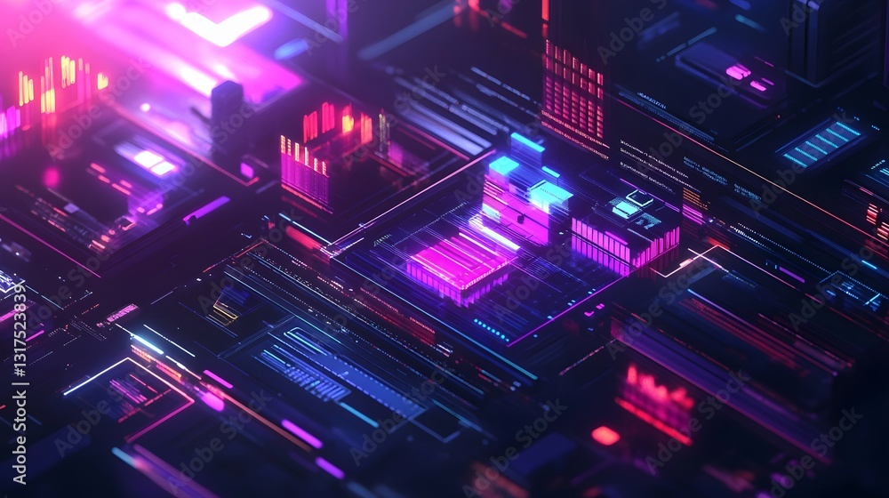 Aufkleber a futuristic view of a complex computer circuit board with glowing neon lights and intricate details