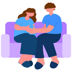 pregnant mother and her partner sitting on a couch, holding belly together, expecting a baby flat vector illustration