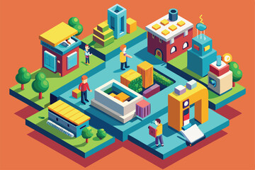 Colorful isometric illustration showcases people engaging with various urban structures and landscapes, Segment Customizable Isometric Illustration