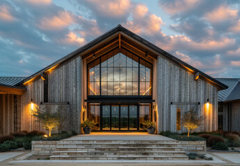 Fototapeta premium Modern barn-style structure features black steel elements and large glass windows, illuminated by warm lights during dusk