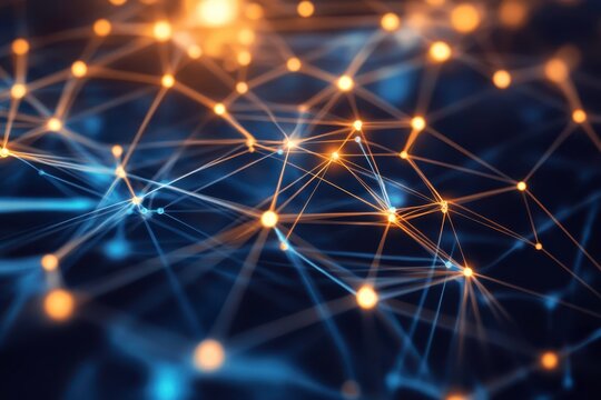 Complex network connection with golden light. Abstract plexus structure of information and connection system for technology, business, science or medical concept.