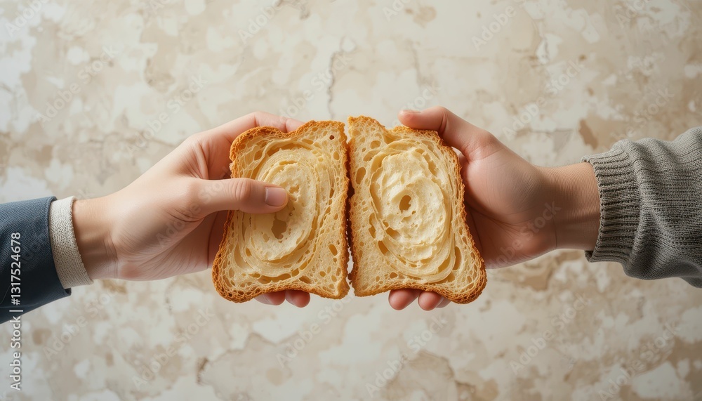 Poster Hands Holding Two Slices of Bread with Butter on Rustic Background