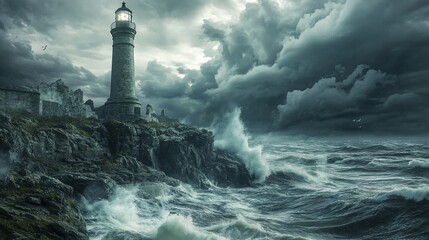 Lighthouse Standing Strong Against the Stormy Sea: A Dramatic Coastal Scene