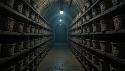 Dark Underground Storage Room with Baskets and Lanterns