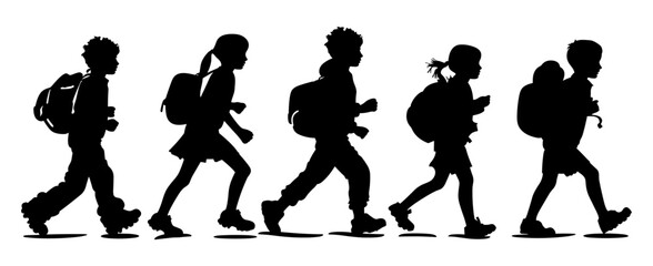 Kids running silhouette vector, children with school bags, school time silhouette, kids heading to school, school run illustration, children in motion, vector kids with bags