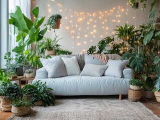 A bright living room interior with many indoor houseplants decorating