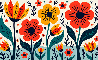 Groovy 1970s flower illustration with bold symmetrical designs in a vibrant boho hippie aesthetic