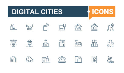 Digital Cities icon set. It contains symbols to home, infrastructure, transport, internet, city, smart, building, network. Smart Cities line icons. Outline symbol collection. Trendy minimal icons.