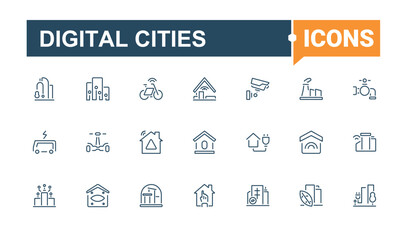 Digital Cities icon set. It contains symbols to home, infrastructure, transport, internet, city, smart, building, network. Smart Cities line icons. Outline symbol collection. Trendy minimal icons.