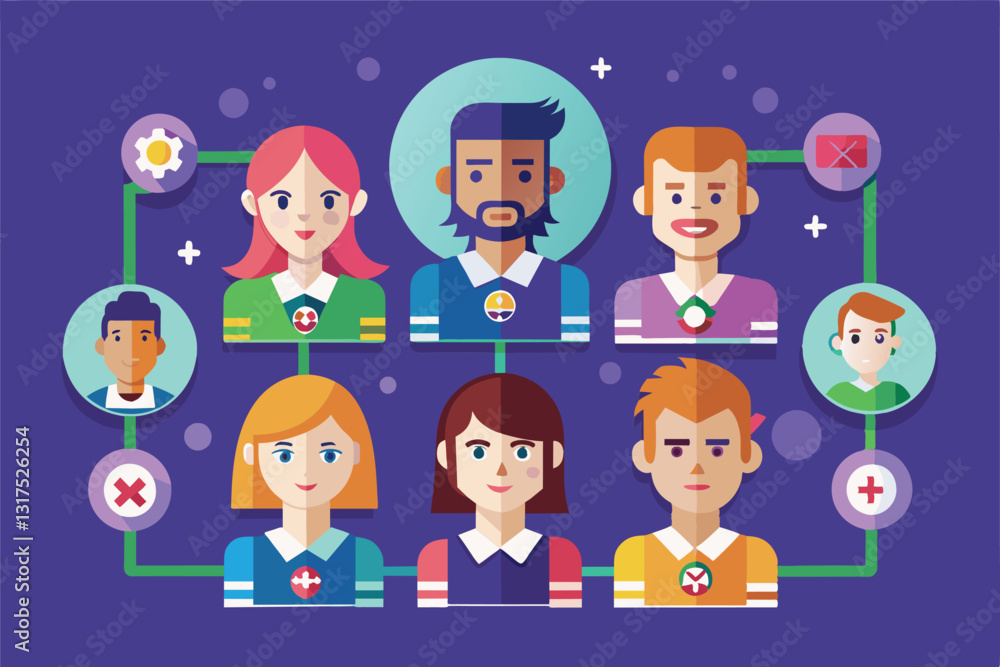Poster a colorful illustration shows a customizable team selection with diverse characters in a playful arr