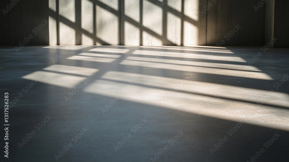 Poster sunlight streaming through window casting geometric shadows on polished concrete floor minimalist in