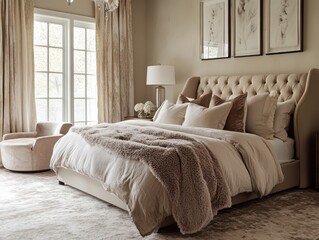 A luxurious master bedroom decorated with neutral elegant furnishings