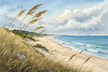 Watercolor drawing peaceful existence of sand dunes and lush beach grass by ocean. showcasing vibrant coastal plants, golden beaches - Scenic Landscape