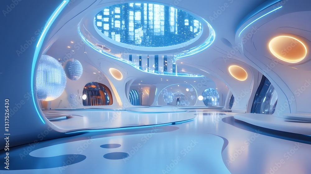 Poster futuristic interior design of a modern building with glowing lights and advanced technology elements