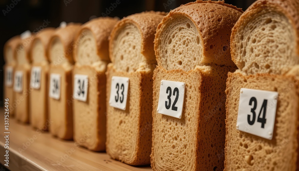 Poster sliced bread loaves with number tags on wooden shelf display