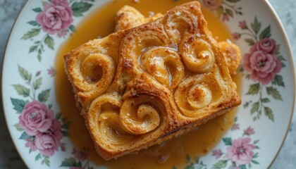 Golden Swirled Dessert on Floral Plate with Sweet Sauce Drizzle