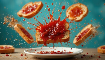 Flying Slices of Toast with Jelly in Vibrant Motion Splash