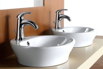 Two white ceramic washbasins with chrome faucets, clean minimalist design