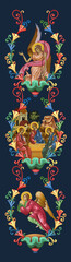Decorative floral border with angels and Holy Trinity, illustration in Byzantine style