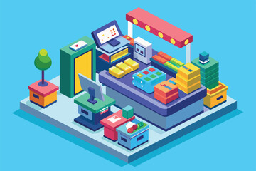 This vibrant self-checkout station features multiple customization options and an engaging layout, Self checkout Customizable Isometric Illustration