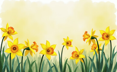 Fototapeta premium Watercolor daffodil flowers, joyful spring mood, soft yellow background, copy space