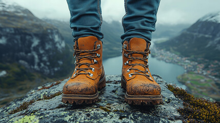 Hiking Boots on a Mountain Peak with a Stunning View