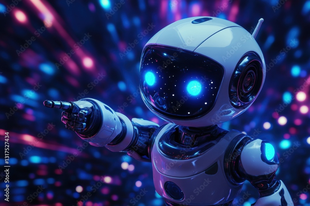 Poster positive cute robot pointing at a space. copy space . a robot showcasing its metallic features and f