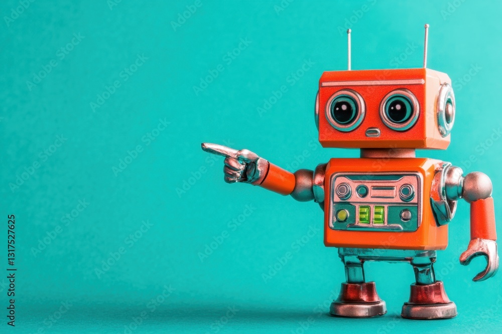 Poster positive cute robot pointing at a space. copy space . a robot showcasing its metallic features and f