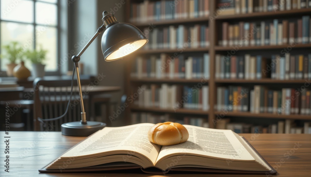 Poster cozy reading atmosphere with open book and fresh roll in library