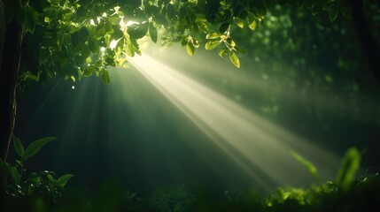 Obraz premium Sunlight Streaming Through Lush Greenery in a Serene Forest Setting