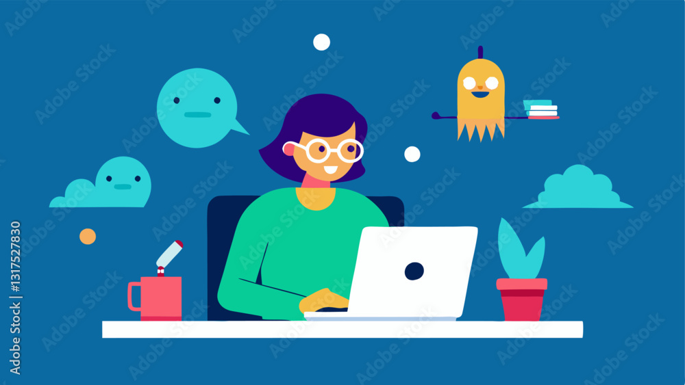 Poster storytelling with ai a writer at a desk typing on a laptop with a digital companion hovering next to