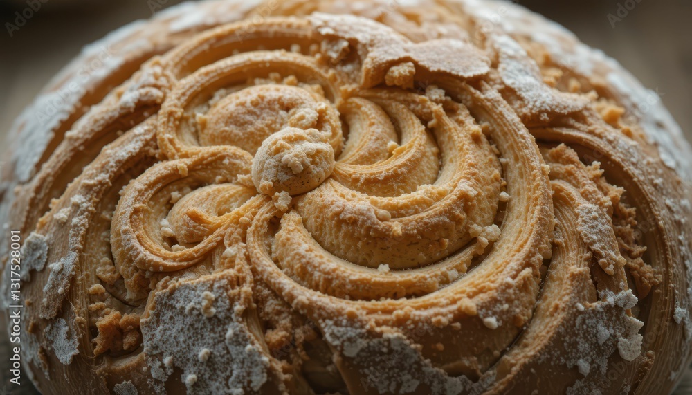 Poster decorative round bread with intricate patterns and flour dust