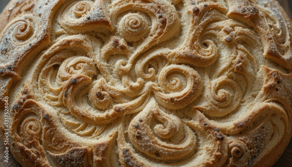 Poster artisan round bread with intricate swirl design and golden crust