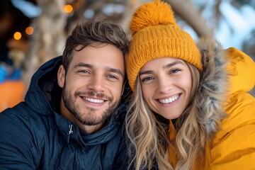 Couple enjoying a cozy camping trip by the bonfire while smiling and relaxing together under a starlit sky