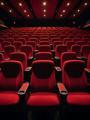 Fototapeta premium Rows of empty red theater seats in a dimly lit movie theater
