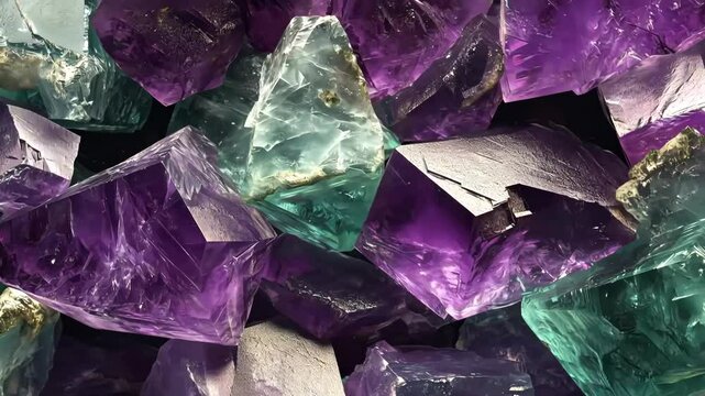 Vibrant purple and green fluorite crystals with sharp edges. Mineral pattern texture beauty. Commercial advertising. Filled stone background. Macro lens.