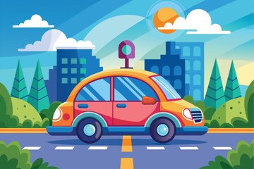A colorful self-driving car drives through a vibrant city with tall buildings under a bright sky, Self driving car Customizable Cartoon Illustration