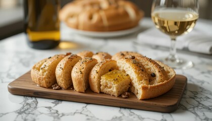Freshly Baked Bread Loaf with Honey and Glass of White Wine