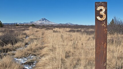 Trail marker three, mountain view.