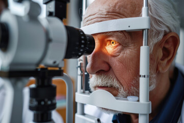 Ophthalmologist Using Slit Lamp Biomicroscope for Elderly Eye Examination