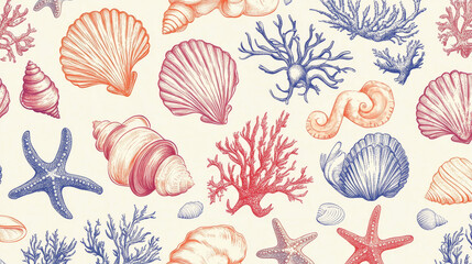 Sea marine shells, corals and starfish underwater life hand drawn vector seamless pattern background