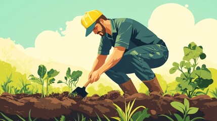  Local agricultural worker planting crops, young male farmer using a shovel to plant seedlings in the soil