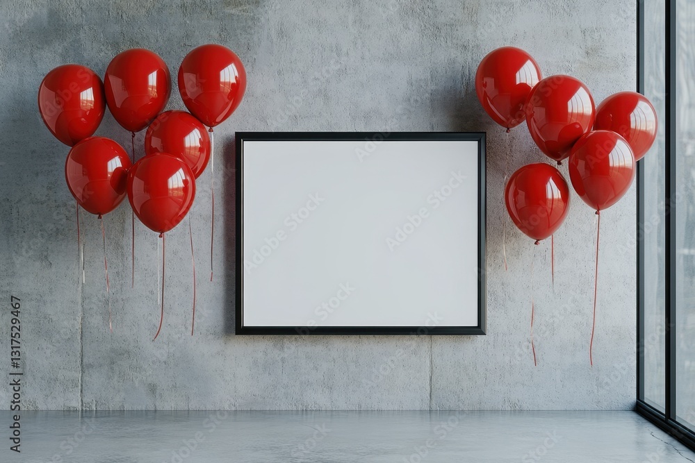 Poster a blank frame positioned in front of a wall, adorned with vibrant red balloons, creating a festive a