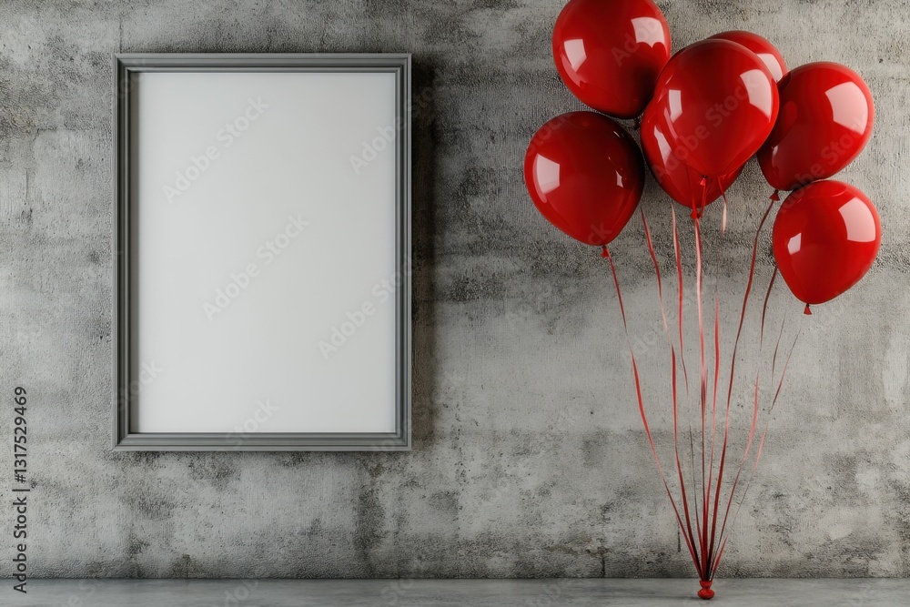 Poster a blank frame positioned in front of a wall, adorned with vibrant red balloons, creating a festive a