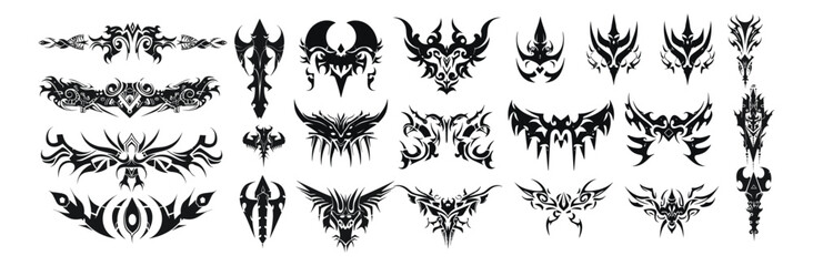 Neo tribal tattoo set, Celtic gothic body ornament shapes, Polynesian y2k sleeve symbol, abstract symmetry swirl, Maori wing, cyber, metal tattoo kit, silhouette clipart