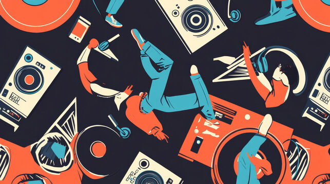 Hip hop or DJ accessory musician instruments breakdance expressive rap music disc jockey vector seamless pattern background