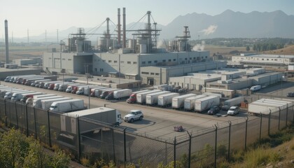 Large Industrial Complex Surrounded by Mountains and Trucks