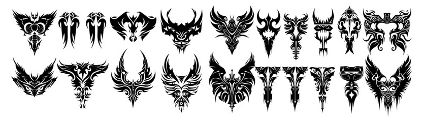 Fototapeta premium Maori sleeve symbol, Neo tribal silhouette clipart, Celtic vector, abstract symmetry, Polynesian metal, Y2K, Gothic cyber ornament kit, swirl wing, Hawaiian sign