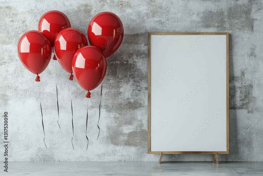 Poster a blank frame positioned in front of a wall, adorned with vibrant red balloons, creating a festive a