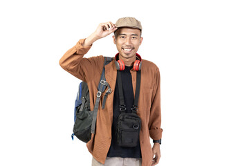 Indonesian man who is excited when he wants to go on vacation, travel concept, isolated on white background.